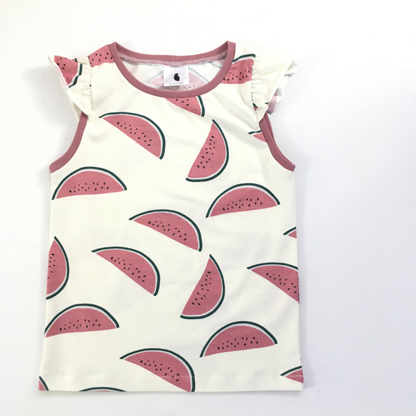 Mouwloos shirt met watermeloenen, maat 122