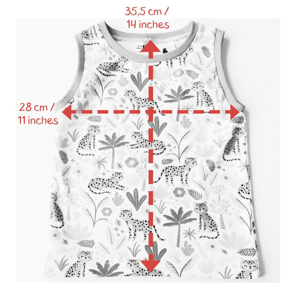 Wit mouwloos shirt met luipaarden, maat 86.