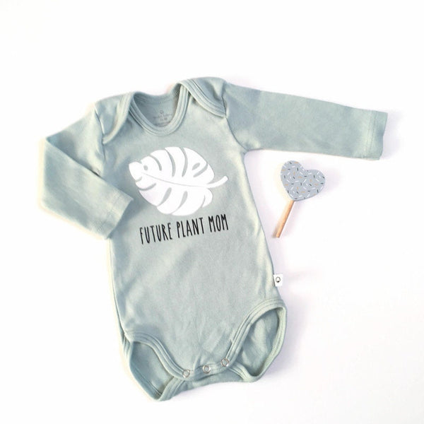 Mint groene romper met monstera blad en "Future plant mom"