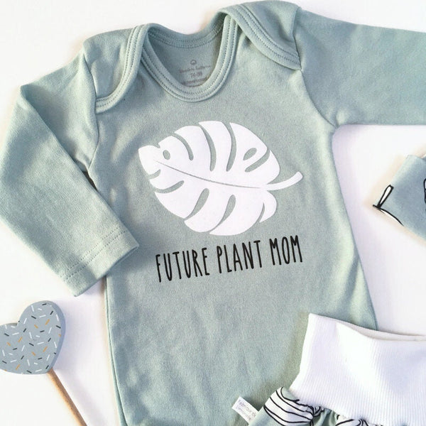 Mint groene romper met monstera blad en "Future plant mom"