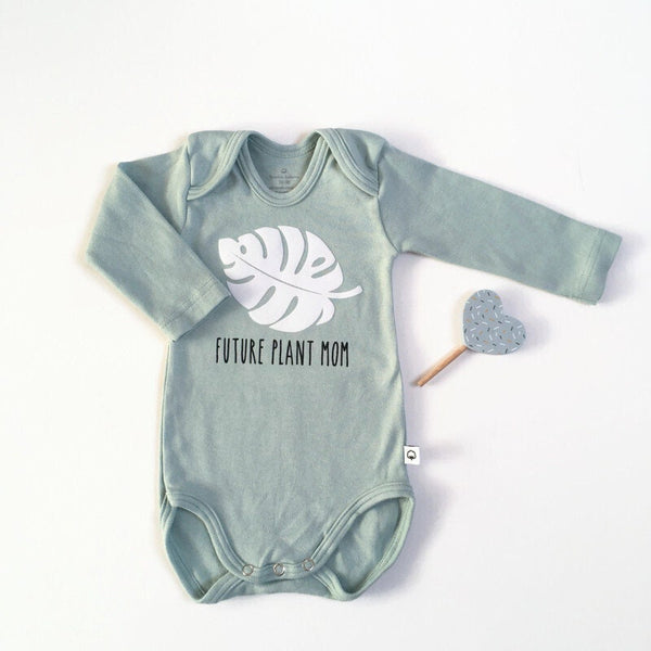 Mint groene romper met monstera blad en "Future plant mom"