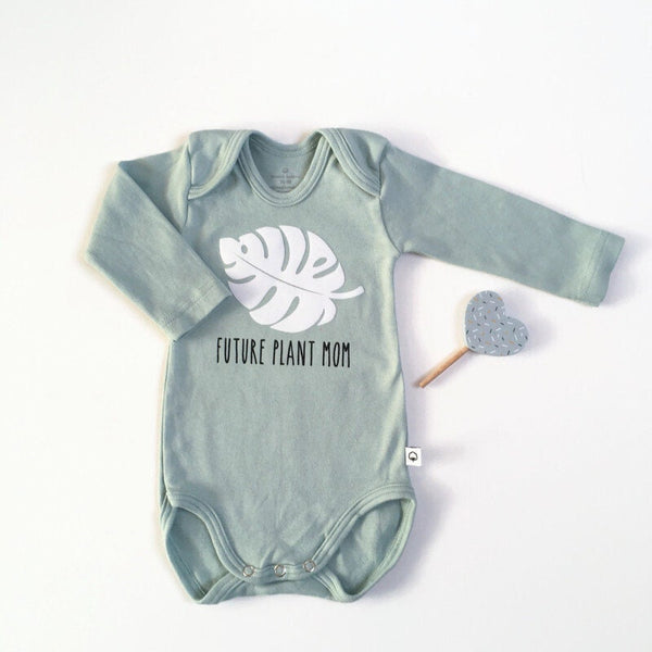 Mint groene romper met monstera blad en "Future plant mom"