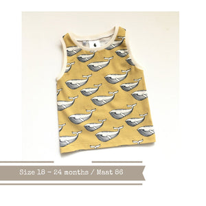 Geel kinder mouwloos shirt met walvissen, maat 86