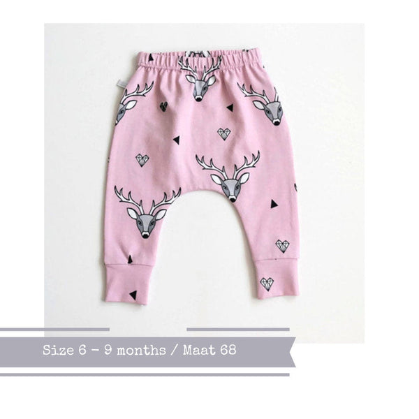 Comfortabele roze skinny harem broek met herten, maat 68